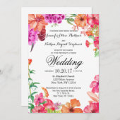 ピンクオレンジウォーターカラー庭園の結婚式招待状 招待状 (正面/裏面)