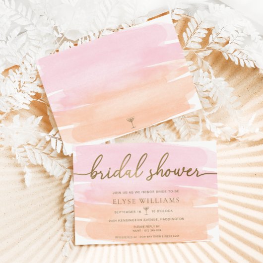 ピンクオレンジウォーターカラー金ゴールドブライダルシャワー 招待状