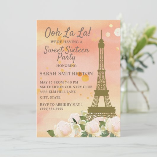 ピンクオレンジエッフェルタワーホワイトフローラスウィート16 招待状 (スタンド正面)