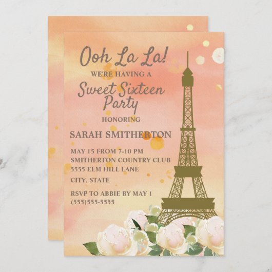 ピンクオレンジエッフェルタワーホワイトフローラスウィート16 招待状 (正面/裏面)