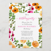 ピンクオレンジエレガントのフローラスクリプト誕生日パーティー 招待状 (正面/裏面)