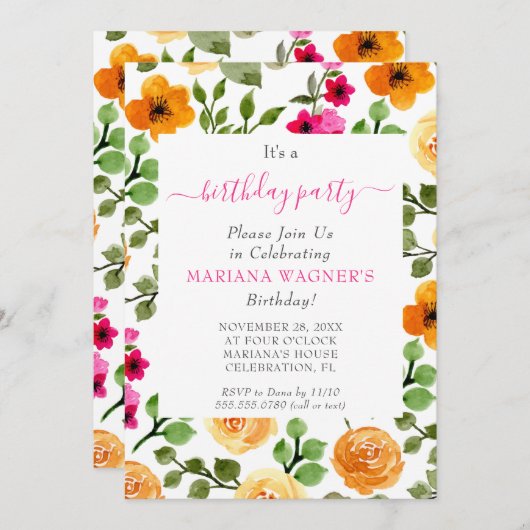 ピンクオレンジエレガントのフローラスクリプト誕生日パーティー 招待状 (正面/裏面)