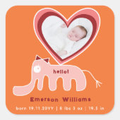 ピンクオレンジエレファントベビーガール誕生のお知らせ スクエアシール (正面)