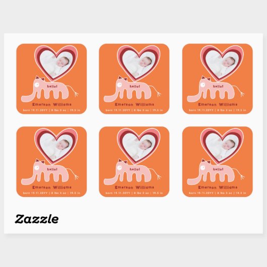 ピンクオレンジエレファントベビーガール誕生のお知らせ スクエアシール (シート)
