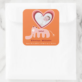 ピンクオレンジエレファントベビーガール誕生のお知らせ スクエアシール