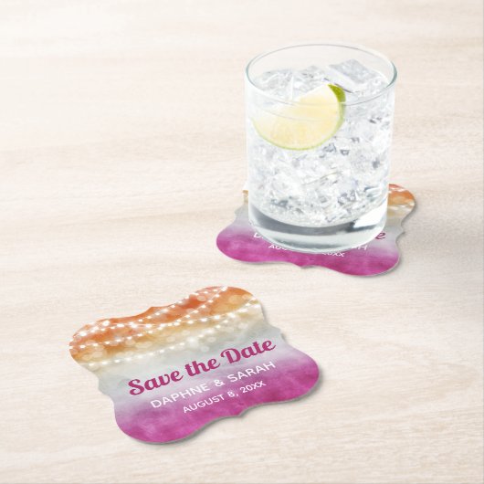 ピンクオレンジグラデーションレズビアン結婚式の日付を保存 ペーパーコースター (インサイチュ)