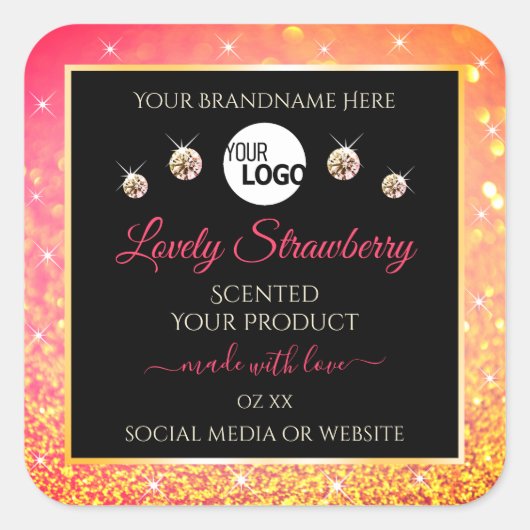 ピンクオレンジグリッターブラック製品ラベル(ロゴ付き) スクエアシール (正面)