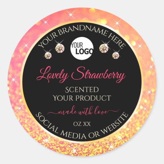 ピンクオレンジグリッターブラック製品ラベル（ロゴ付き） ラウンドシール (正面)