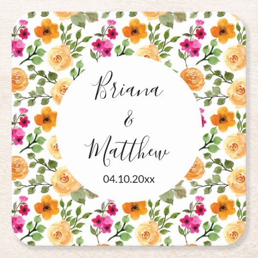 ピンクオレンジサマーフローラ スクエアペーパーコースター (正面)