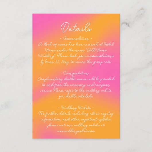 ピンクオレンジシンプル色のスクリプト詳細 エンクロージャーカード (正面)