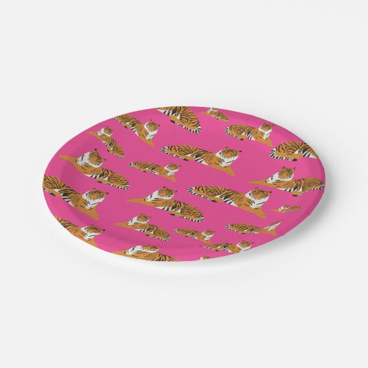 ピンクオレンジジャングルタイガーアニマルパターン ペーパープレート (アングル)