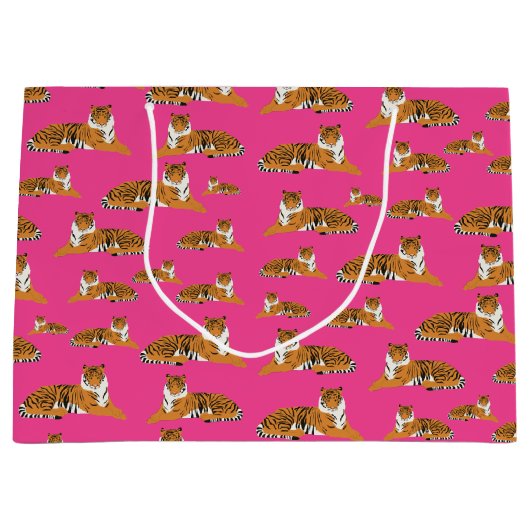 ピンクオレンジジャングルタイガーアニマルパターン ラージペーパーバッグ (正面)