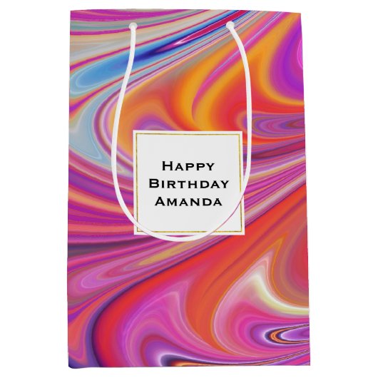 ピンクオレンジスワーズ抽象デザイン誕生日 ミディアムペーパーバッグ (正面)