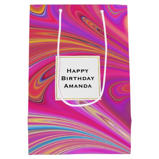 ピンクオレンジスワーズ抽象デザイン誕生日 ミディアムペーパーバッグ (裏面)