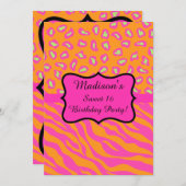 ピンクオレンジゼブラヒョウ甘い16誕生日パーティー 招待状 (正面/裏面)