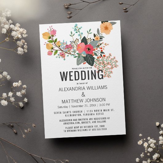 ピンクオレンジティール(緑がかった色)サンゴ抽象芸術結婚フローラ 招待状