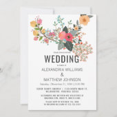 ピンクオレンジティール(緑がかった色)サンゴ抽象芸術結婚フローラ 招待状 (正面)