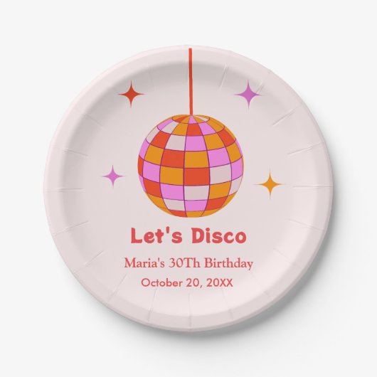 ピンクオレンジディスコボールレッツディスコ誕生日パーティー ペーパープレート (正面)