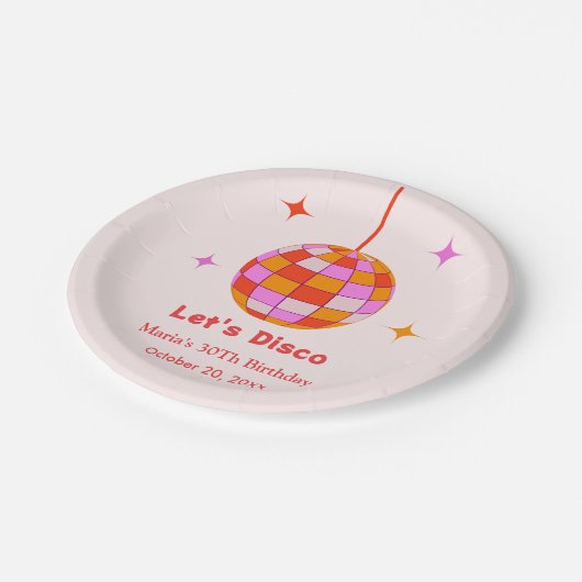 ピンクオレンジディスコボールレッツディスコ誕生日パーティー ペーパープレート (アングル)