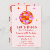 ピンクオレンジディスコボールレッツディスコ誕生日パーティー 招待状 (正面/裏面)