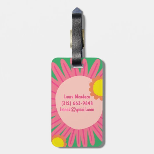 ピンクオレンジデイジーフラワーカスタマイズイニシャル ラゲッジタグ (裏面縦)