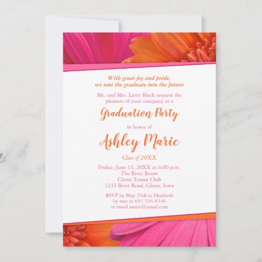 ピンクオレンジデイジー卒業パーティー招待状 招待状 (正面)