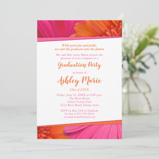 ピンクオレンジデイジー卒業パーティー招待状 招待状 (スタンド正面)