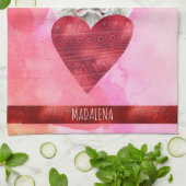 ピンクオレンジドッグラバーバレンタインギフトサンバーナード キッチンタオル (折り畳み)