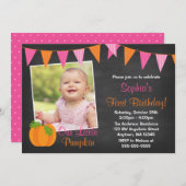ピンクオレンジパンプキンチョークボードガールフォト誕生日 招待状 (正面/裏面)