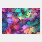 ピンクオレンジパープルティール(緑がかった色)花アルコールインク ラッピングペーパーシート (正面3)