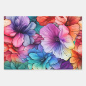 ピンクオレンジパープルティール(緑がかった色)花アルコールインク ラッピングペーパーシート (正面)