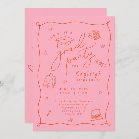 ピンクオレンジフォトハンドドロードグラードパーティの招待状 案内状 (正面/裏面)