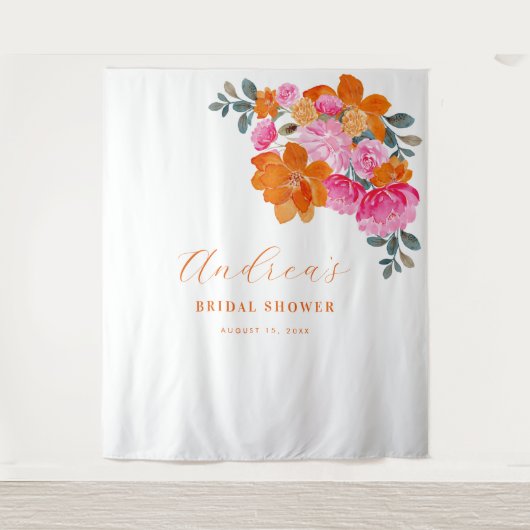 ピンクオレンジフォトブースブライダルシャワー背景 タペストリー (正面)