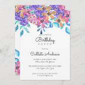 ピンクオレンジフローラウォーターカラーガールズ誕生日 招待状 (正面/裏面)