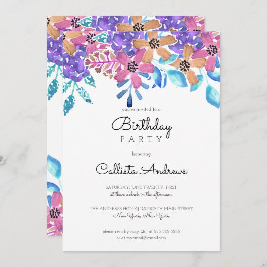 ピンクオレンジフローラウォーターカラーガールズ誕生日 招待状 (正面/裏面)