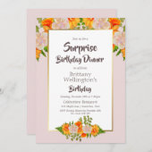 ピンクオレンジフローラサプライズ誕生日パーティー 招待状 (正面/裏面)