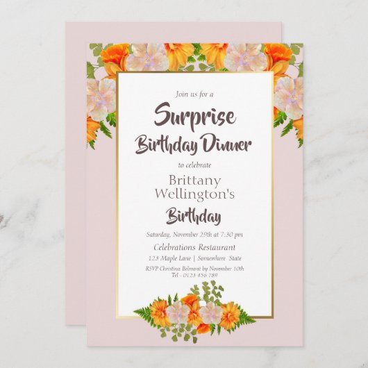ピンクオレンジフローラサプライズ誕生日パーティー 招待状 (正面/裏面)