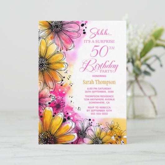 ピンクオレンジフローラサプライズ50thバースデーパーティー 招待状 (スタンド正面)