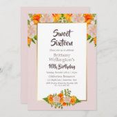 ピンクオレンジフローラスウィート16バースデーパーティー 招待状 (正面/裏面)