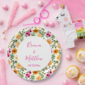 ピンクオレンジフローラスクリプト ペーパープレート (パーティー)