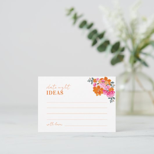 ピンクオレンジフローラブライダルシャワーデイトナイトアイディア エンクロージャーカード (スタンド正面)