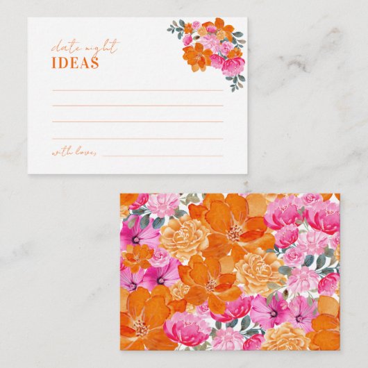 ピンクオレンジフローラブライダルシャワーデイトナイトアイディア エンクロージャーカード (正面/裏面)