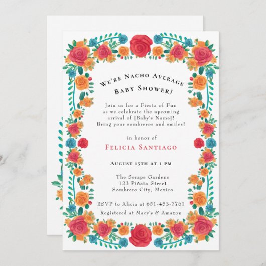 ピンクオレンジフローラメキシカンフェスタ赤ちゃんシャワー 招待状 (正面/裏面)