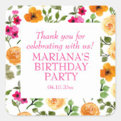 ピンクオレンジフローラ誕生日パーティーのお気に入り スクエアシール (正面)