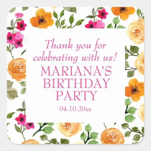 ピンクオレンジフローラ誕生日パーティーのお気に入り スクエアシール (正面)