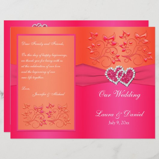 ピンクオレンジフローラ、ハート結婚式 プログラム (正面/裏面)