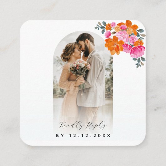 ピンクオレンジフローラQRコードオンライン結婚式RSVP エンクロージャーカード (裏面)