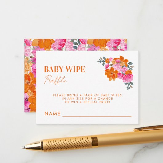 ピンクオレンジベビーワイプラッフルベビーシャワーゲーム エンクロージャーカード (正面/裏面インサイチュ)