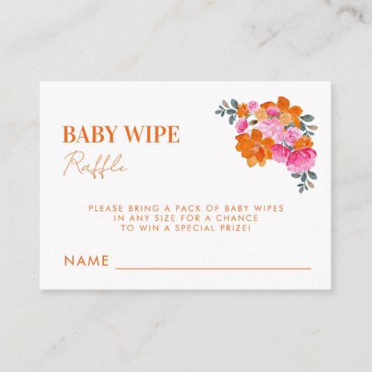 ピンクオレンジベビーワイプラッフルベビーシャワーゲーム エンクロージャーカード (正面)