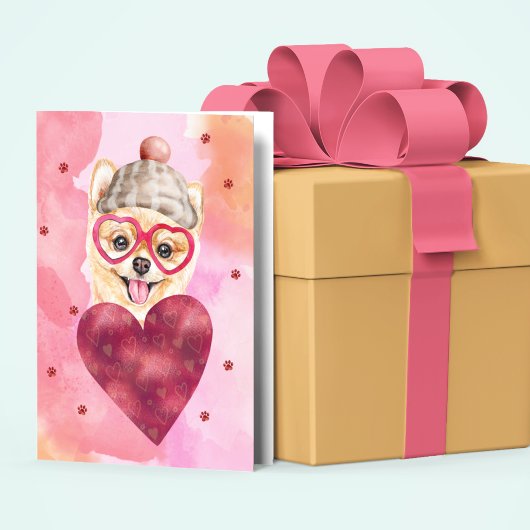 ピンクオレンジポメラニア犬バレンタインデイギフトドッグ カード